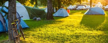 Mehrere Zelte auf einem sonnigen Campingplatz, umgeben von grüner Natur.