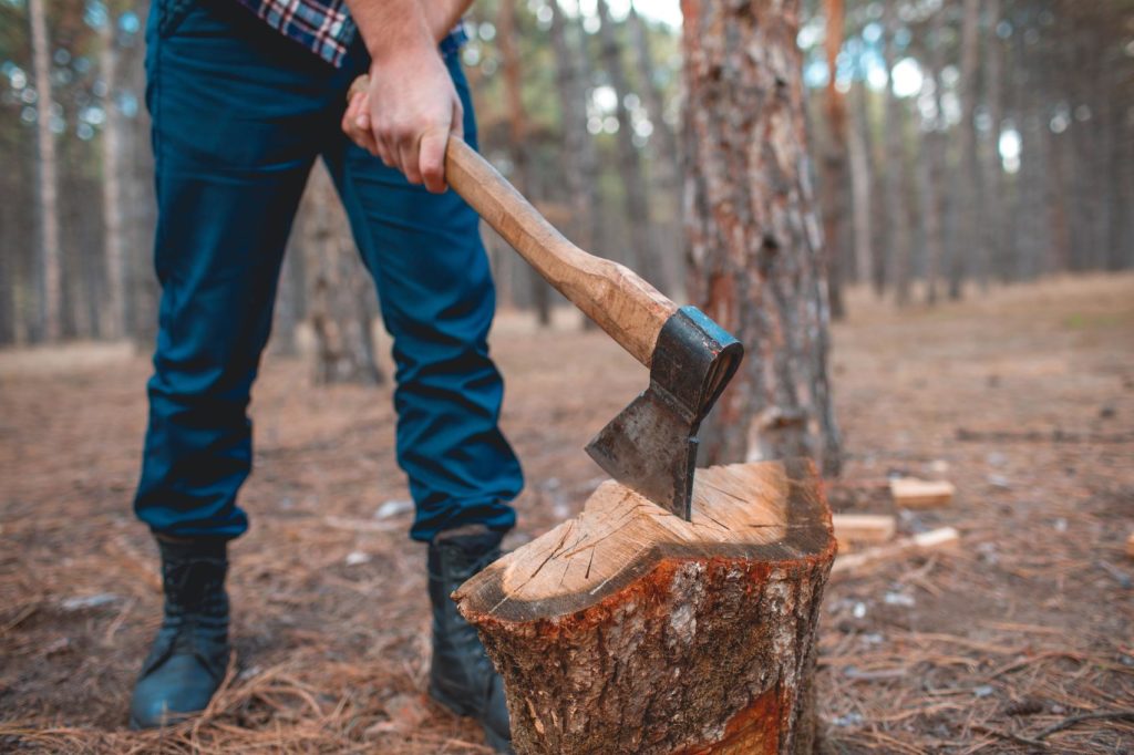 Mann arbeitet im Wald mit einer Axt