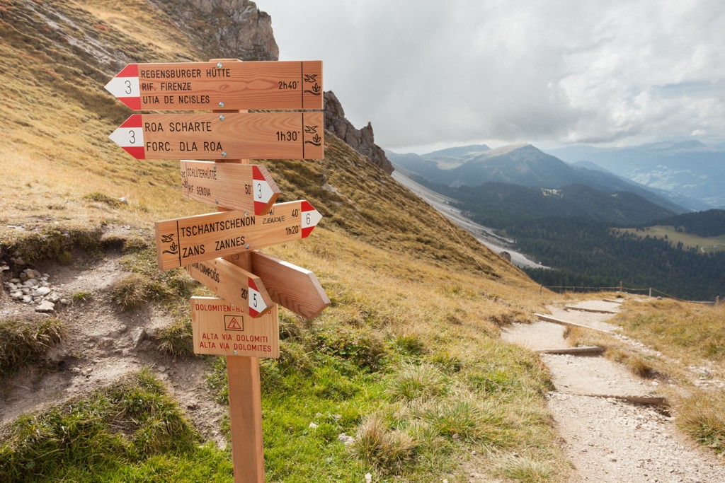 Ein Wanderwegweiser aus Holz auf einer Bergwiese. Er zeigt verschiedene Richtungen an, darunter „Regensburger Hütte“ und „Roa Scharte“, mit Entfernungen in Stunden angegeben. Im Hintergrund sind steile Berghänge und ein schmaler Wanderpfad zu sehen.