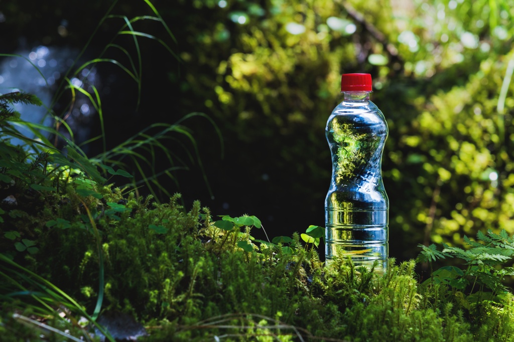 Eine Plastikflasche mit rotem Deckel ist vor einer grünen Waldlandschaft platziert.