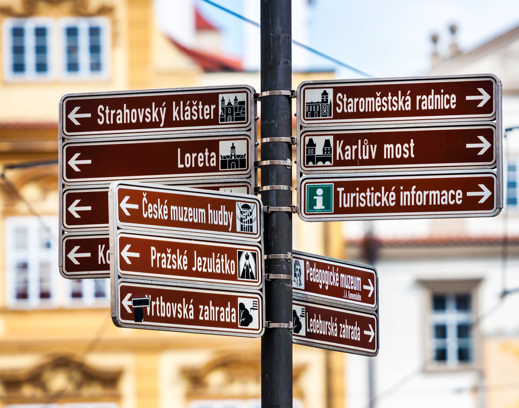 Ein Stadtwegweiser in Prag mit braunen Schildern, die touristische Ziele wie „Strahovský Klášter“ und „Karlsbrücke“ anzeigen. Es sind Symbole für kulturelle Sehenswürdigkeiten zu sehen.