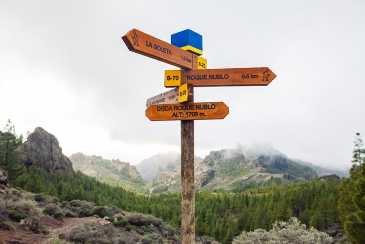 Ein Holzwegweiser in einer bergigen Landschaft mit Schildern, die Ziele wie „Roque Nublo“ anzeigen, begleitet von Symbolen für Wanderer. Im Hintergrund sind Wald und Berge zu sehen.